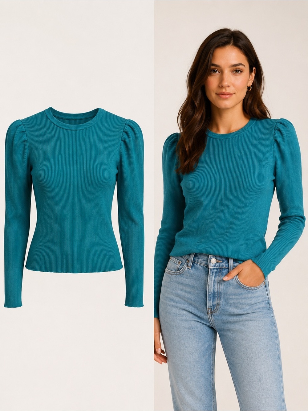 Broadway 38 | Teal Ribbed Puff Sleeve Sweater Top Rayon Blend | Size Medium